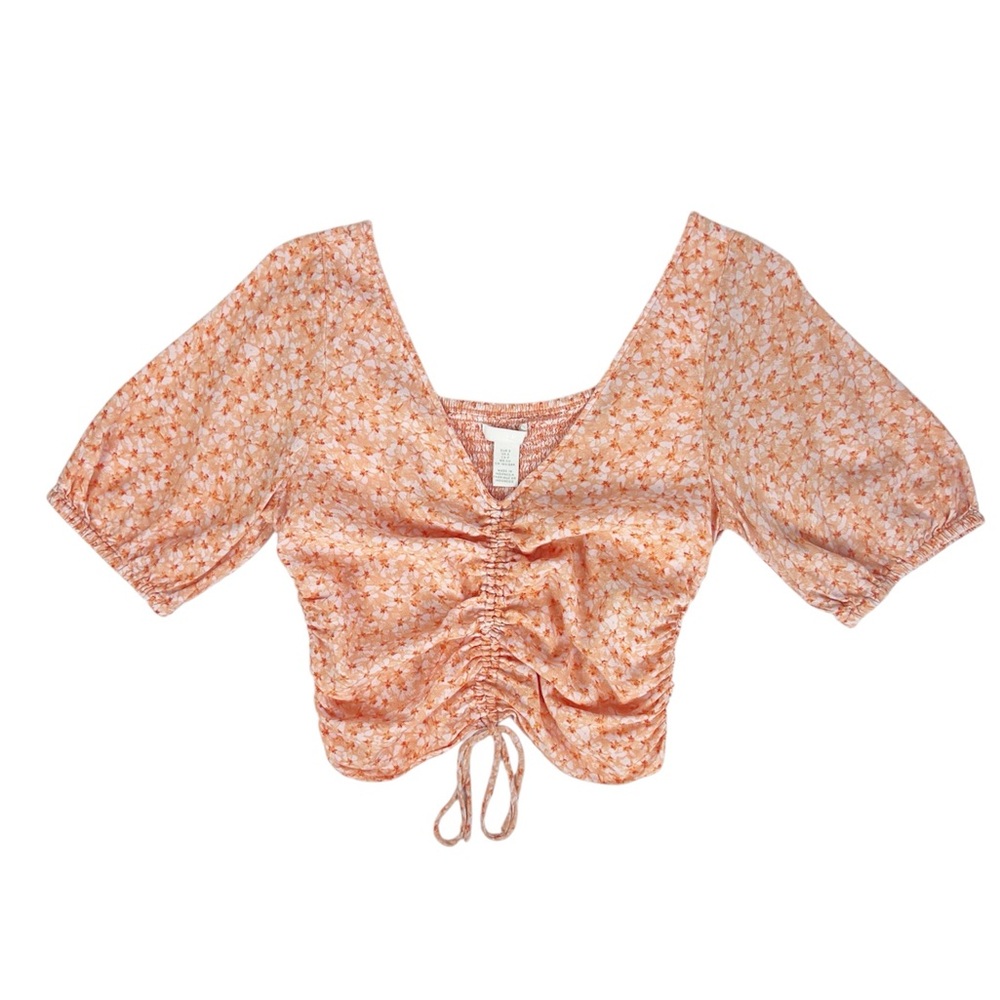 H&M Orange Floral Smocked Short Puff Sleeve Crop Top Cinched Front Size Small